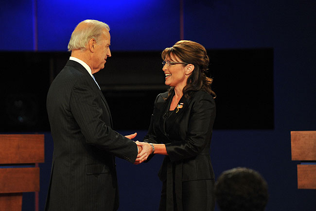 Republican Sarah Palin (R) greets Democrat Joseph Biden (L) on stage for their vice presidential debate October 2, 2008 at Washington University in St. Louis, Missouri. Republican Sarah Palin (R) greets Democrat Joseph Biden (L) on stage for their vice presidential debate October 2, 2008 at Washington University in St. Louis, Missouri.