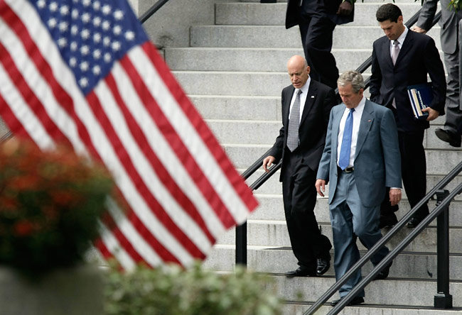President George W. Bush leaves the Eisenhower Executive Office Building 