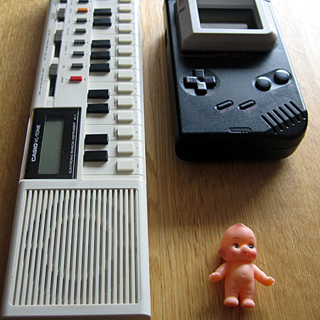 Some of the tools of Unicorn Dream Attack's trade. Stefen Keen's instrument of choice is a 1980s era Game Boy. Keen uses Midi software to connect the computer chip that produces Game Boy tones with his keyboard.