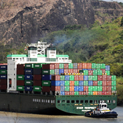 A cargo ship passes through the Panama Canal 