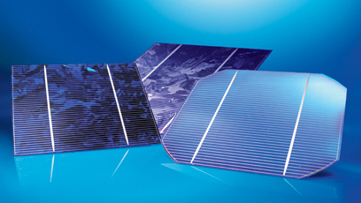 
                Close-up of solar cells from SolarWorld. The cells are about the size of a CD case.
                                    (SolarWorld)
                                