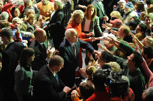 
                    Republican presidential candidate John McCain and his wife Cindy greet supporters during a campaign rally in Pottsville, Penn., on October 27.
                                            (Robyn Beck/AFP/Getty Images)
                                        