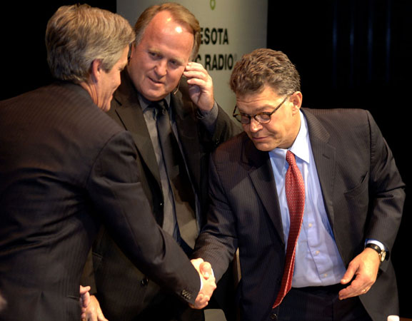 The three candidates for U.S. Senate in Minnesota greet each other at last night's debate. Much of the debate centered around accusations surrounding Norm Coleman and Coleman's charge Al Franken was behind the accusations.