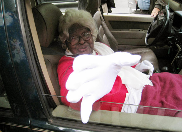 Rinalda Washington, 97, arrives at at Washington, D.C. voting precinct November 4, 2008 to cast her first vote ever at the Mount Bethel Baptist Church.