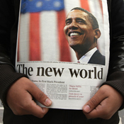 Newspaper vendor in London after Obama elected 