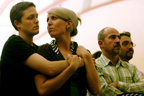 
                    Nikki Eddy (left) and her girlfriend Dawn Miller comfort each other during a Proposition 8 opposition rally at the San Diego Lesbian Gay Bisexual Transgender Community Center. Proposition 8, which bans same-sex marriage, passed in the California election.
                                            (Sandy Huffaker/Getty Images)
                                        
