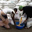 Workers prepare to distribute food in the Congo.
