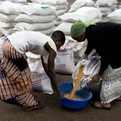 Workers prepare to distribute food in the Congo. 