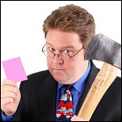 Photo illustration, manager with pink slip and ax 