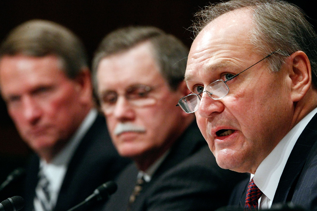 Chairman and CEO of General Motors Richard Wagoner, United Auto Workers President Ron Gettelfinger and Chairman and CEO of Chrysler LLC Robert Nardelli testify before the Senate Banking, Housing and Urban Affairs Committee about a proposed $34 billion federal bailout for the U.S. auto industry December 4, 2008 in Washington, DC.