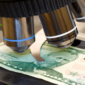 A $50 bill under a microscope 