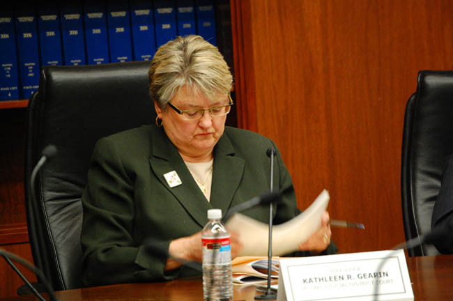 Ramsey County Judge Kathleen Gearin, who sits on the State Canvassing Board, examines the final election totals in Minnesota's U.S. Senate race between Norm Coleman and Al Franken.