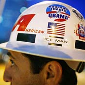 Construction hat with Obama sticker 