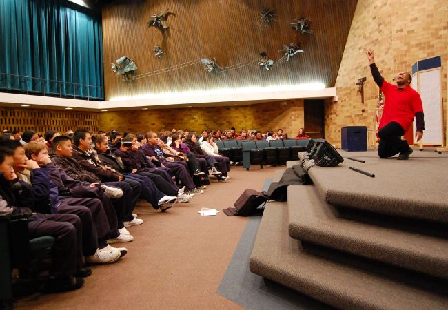 Actors with CLIMB theater perform "Power to the Eighth". The musical encourages middle school students to begin preparing for college.