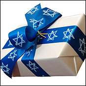 Gift wrapped with Jewish stars of David ribbon 