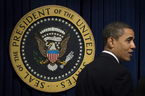 
                    President Barack Obama speaks during a ceremony in the Eisenhower Executive Office Building to swear in his staff in Washington, DC, January 21, 2009.
                                            (Jim Watson/AFP/Getty Images)
                                        