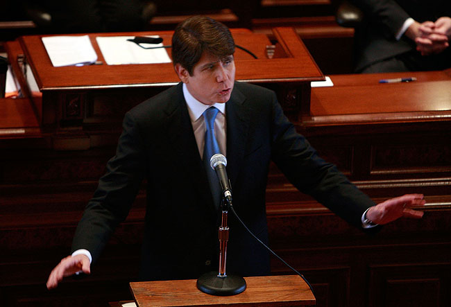 Illinois Governor Rod Blagojevich addresses the Illinois Senate during his impeachment trial January 29, 2009, in Springfield, Illinois. Blagojevich has been accused by federal authorities of corruption including offering to sell the U.S. Senate seat left vacant by President-elect Barack Obama.