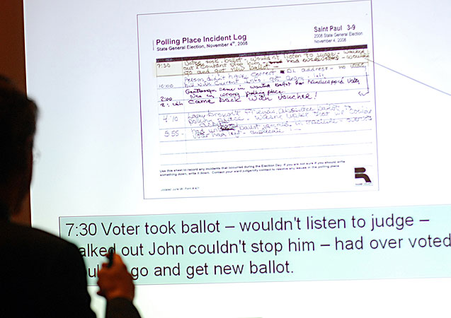 Franken attorney Kevin Hamilton shows documents Monday in an attempt to establish that human error and other problems are common at polling stations during the start of the second week of the U.S. Senate recount trial at Minnesota Judicial Center in St. Paul, Minn., on February 2, 2009.