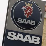 The Saab logo at a car dealership in Miami 