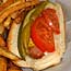 A Chicago-style hot dog and fries.