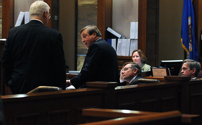 Al Franken's attorney David Lillehaug and former Senator Norm Coleman's attorneys Joe Friedberg, confer about a ballot exhibit with Tony Trimble, right, Witness Barb Hoff of Chaska and Senator Norm Coleman during Minnesota's U.S. Senate vote recount trial in St. Paul, Minn.