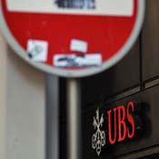 Road sign in front of UBS branch in Geneva 