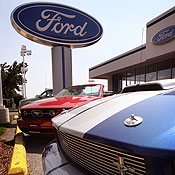 Ford Mustangs at a car dealership 