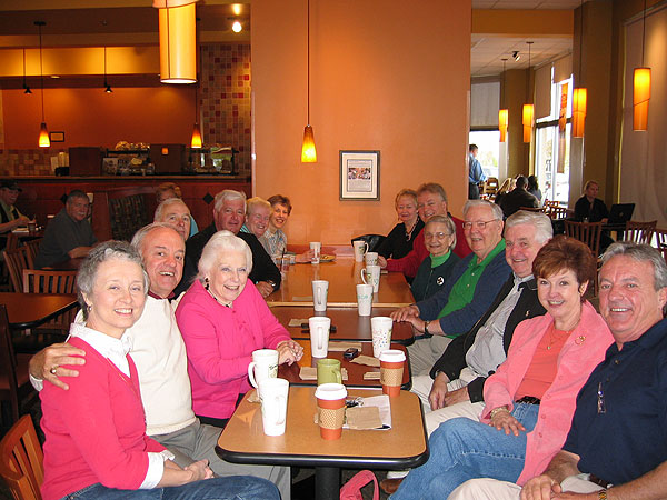 
                This group of mostly seniors gets together almost every morning at a Panera Bread in Charlotte, N.C., to chat about everything from recipes to the Dow.
                                    (Amy Scott/Marketplace)
                                