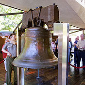 Visitors to the Liberty Bell listen to a guide 