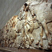 A frieze which forms part of the controversial "Elgin Marbles" on display at the British Museum in London, England.