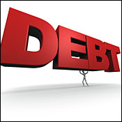 Mannequin holding red word Debt 