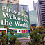 Sign at hotel says Pittsburgh Welcomes the World