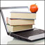 Books inside a laptop represent online textbooks