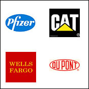 Logos of Pfizer, Caterpillar, DuPont, Wells Fargo 