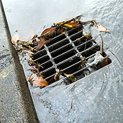 A partly blocked drain after a storm 