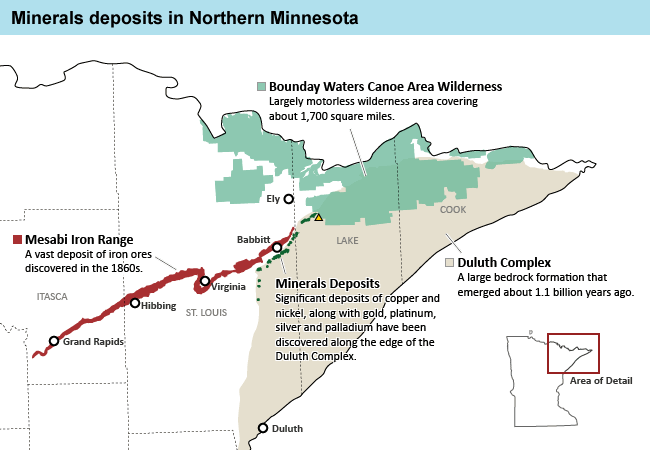 Mining companies are exploring for copper, nickel and precious metals in northeast Minnesota, near the Boundary Waters Canoe Area Wilderness and the Mesabi Iron Range.