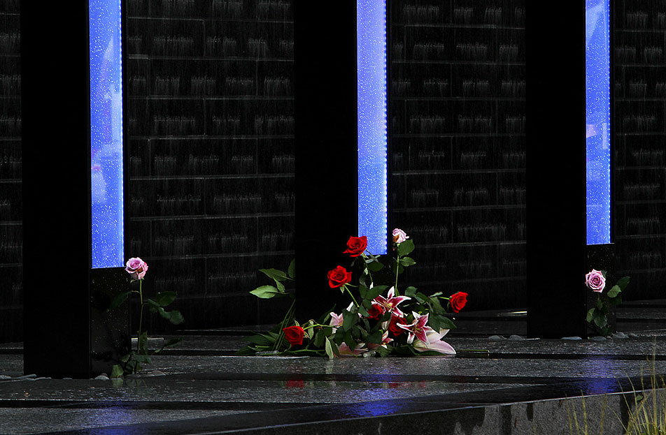 Flowers left at the columns