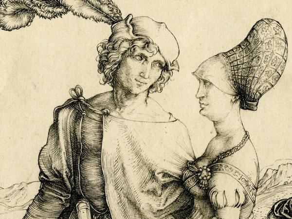 The bachelor cap with ostrich plume and the married woman's Nuremberg headdress Nuremberg headdress in Albrecht Durer painting