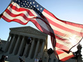 A protester's flag at the Supreme Court