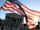 A protester's flag at the Supreme Court