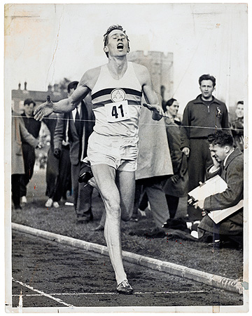 Roger Bannister breaking the four-minute mile. Photo-journalistic sports images which transcend the day's news are included in "The Sports Show."