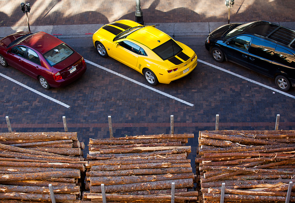 Truck, parked cars