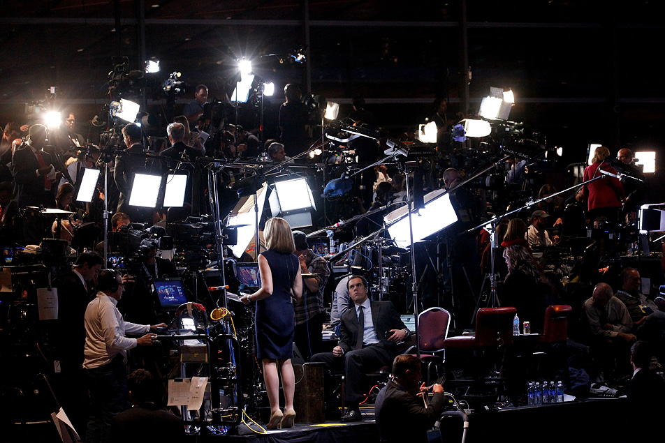 The news media preps at Romney headquarters