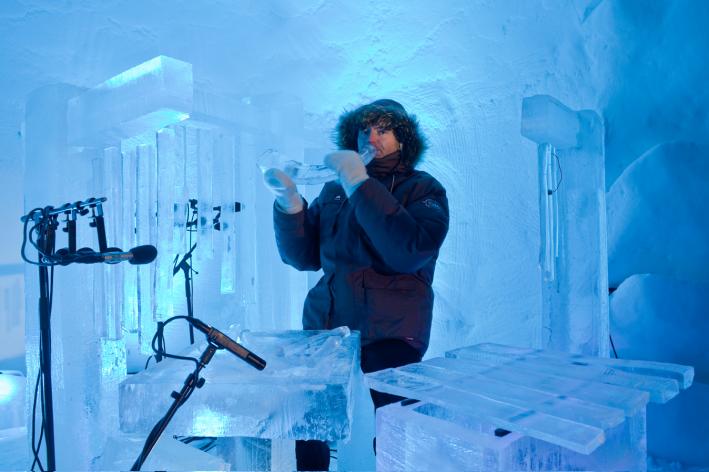 Norwegian musician Terje Isungset displays some of his ice instruments.