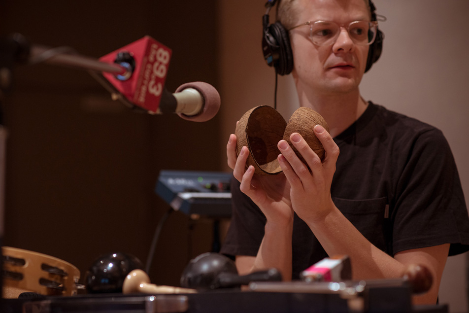 Django Django multiinstrumentalist Tommy Grace in The Current studio.