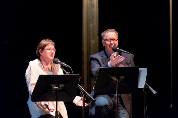 Julia Sweeney and host John Moe at Wits. Julia Sweeney and host John Moe at Wits.