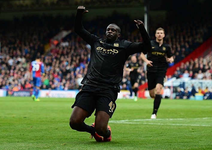 Yaya Toure of Manchester City celebrates scoring his team's second goal during the Barclays Premier League match between Crystal Palace and Manchester City at Selhurst Park. Yaya Toure of Manchester City celebrates scoring his team's second goal during the Barclays Premier League match between Crystal Palace and Manchester City at Selhurst Park.