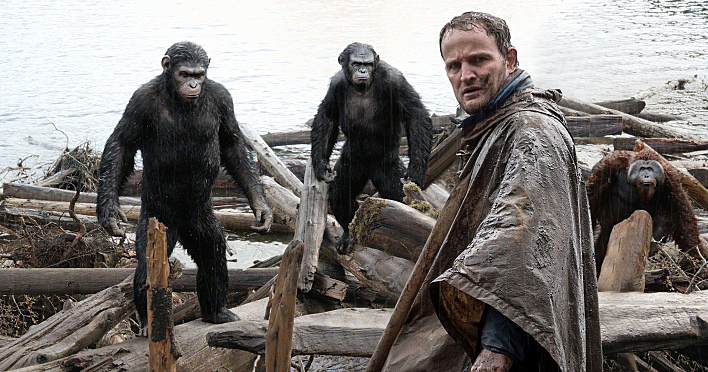 Malcolm (Jason Clarke) is followed by Caesar (Andy Serkis), Koba (Toby Kebbell) and Maurice (Karin Konoval) as he tries to make peace with them in a scene from the motion picture Malcolm (Jason Clarke) is followed by Caesar (Andy Serkis), Koba (Toby Kebbell) and Maurice (Karin Konoval) as he tries to make peace with them in a scene from the motion picture
