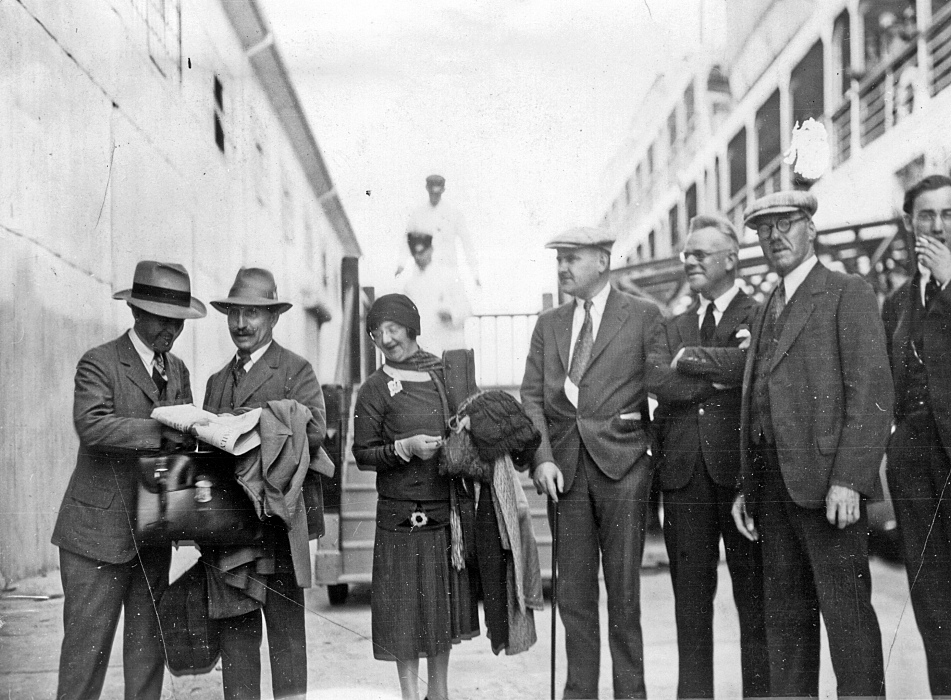 Boarding a ship in Havana at the end of the Minneapolis Orchestra's 1929 Cuban tour: (from left) violinist and Personnel Manager Max Schellner, Music Director Henri Verbrugghen, violinist Jenny Cullen, Orchestra Manager Arthur J. Gaines, trombonist Fred Molzahn, cellist Chris Erck and violist Russell Barton.