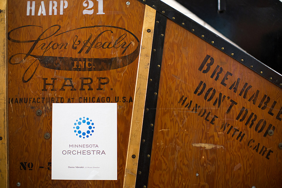 Stage managers pack the Minnesota Orchestra musicians' instruments in large wooden cases like this when the musicians travel or go on tour Monday, May 12, 2015 at Orchestra Hall in Minneapolis.